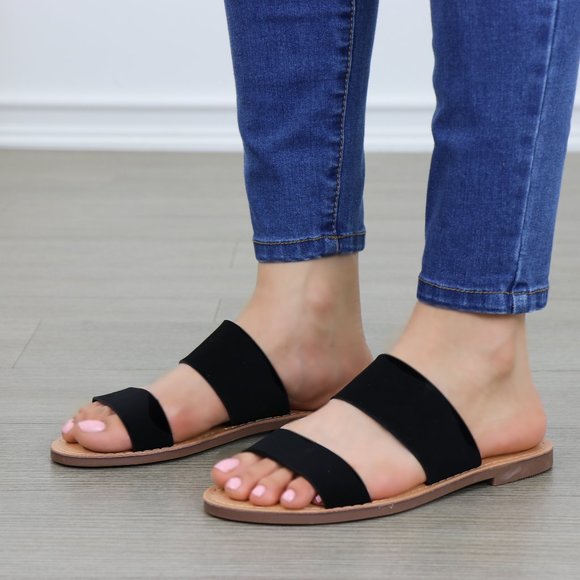 Slip On 2 Strap Flat slider Sandal Black Velvet - Picture 6 of 10